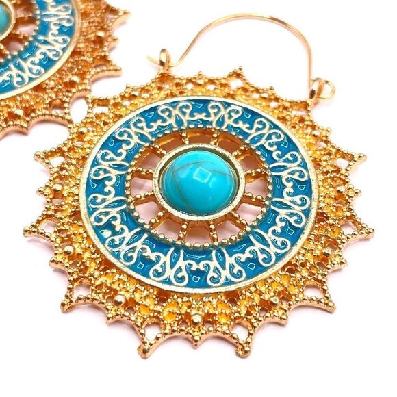 Yellow Gold with Turquoise and Blue Enamel Round Drop Hinge Hook Earrings - Picture 4 of 7